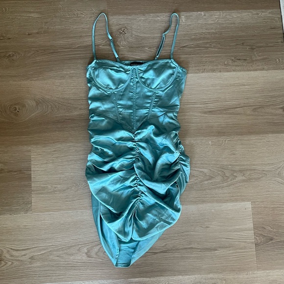 Satin Teal Mini Dress - Picture 1 of 5